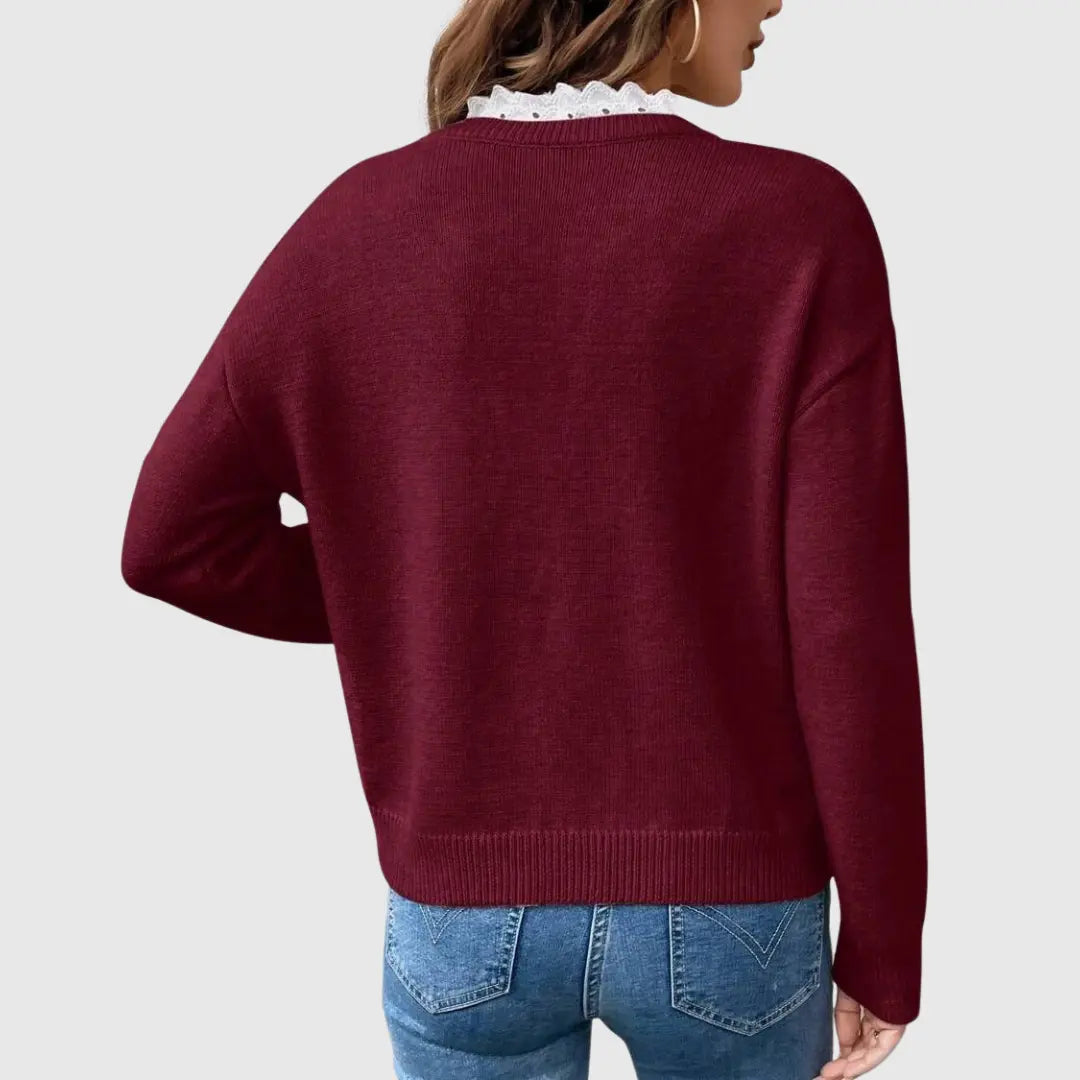 Suéter Cómodo con Encaje para Mujeres con Cuello en V y Mangas Largas Estilo Oversized
