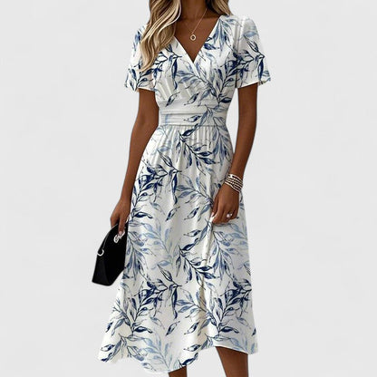 Elegante Vestido Midi Floral Blanco para Mujeres con Escote en V y Mangas Fluidas