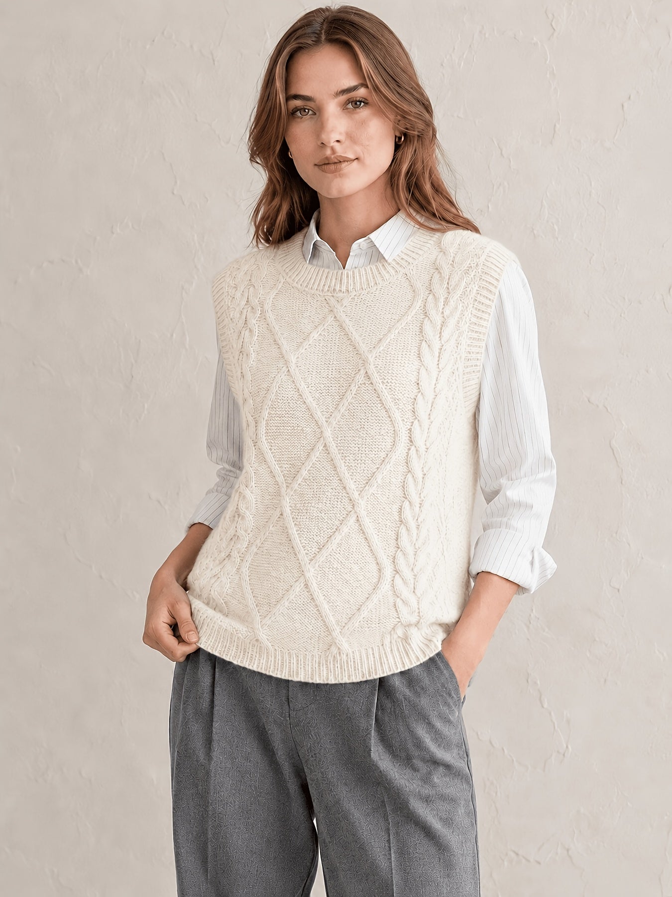 Chaleco de Punto de Cable Cómodo para Mujeres con Cuello Redondo Sin Mangas Estilo Preppy Relajado
