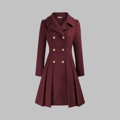 Abrigo de mezcla de lana elegante para mujeres con solapa de muesca, manga larga, doble botonadura y estilo acampanado con pliegues