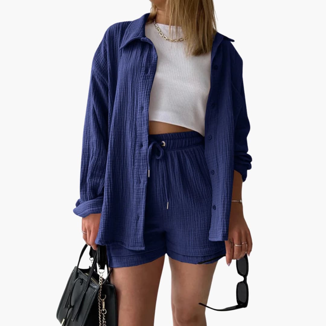 Conjunto de Dos Piezas de Algodón Arrugado Sin Esfuerzo para Mujeres con Pantalones Cortos con Cintura Ajustable y Estilo Relajado
