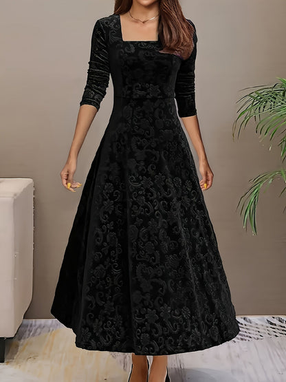 Vestido Maxi Floral de Terciopelo Elegante para Mujeres con Cuello Cuadrado y Manga de Codo Estilo A Fluyente
