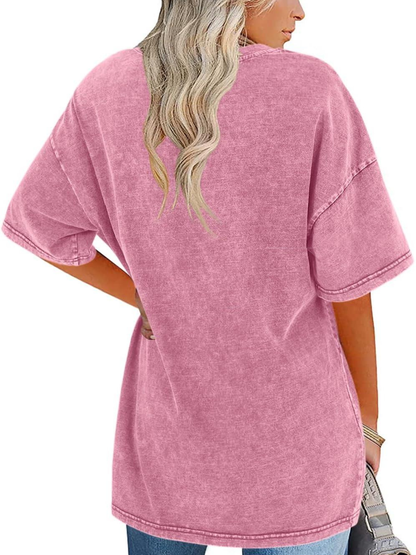 Túnica de Algodón Lavado Sin Esfuerzo para Mujeres con Cuello Redondo y Manga Corta, Estilo Oversized y Casual
