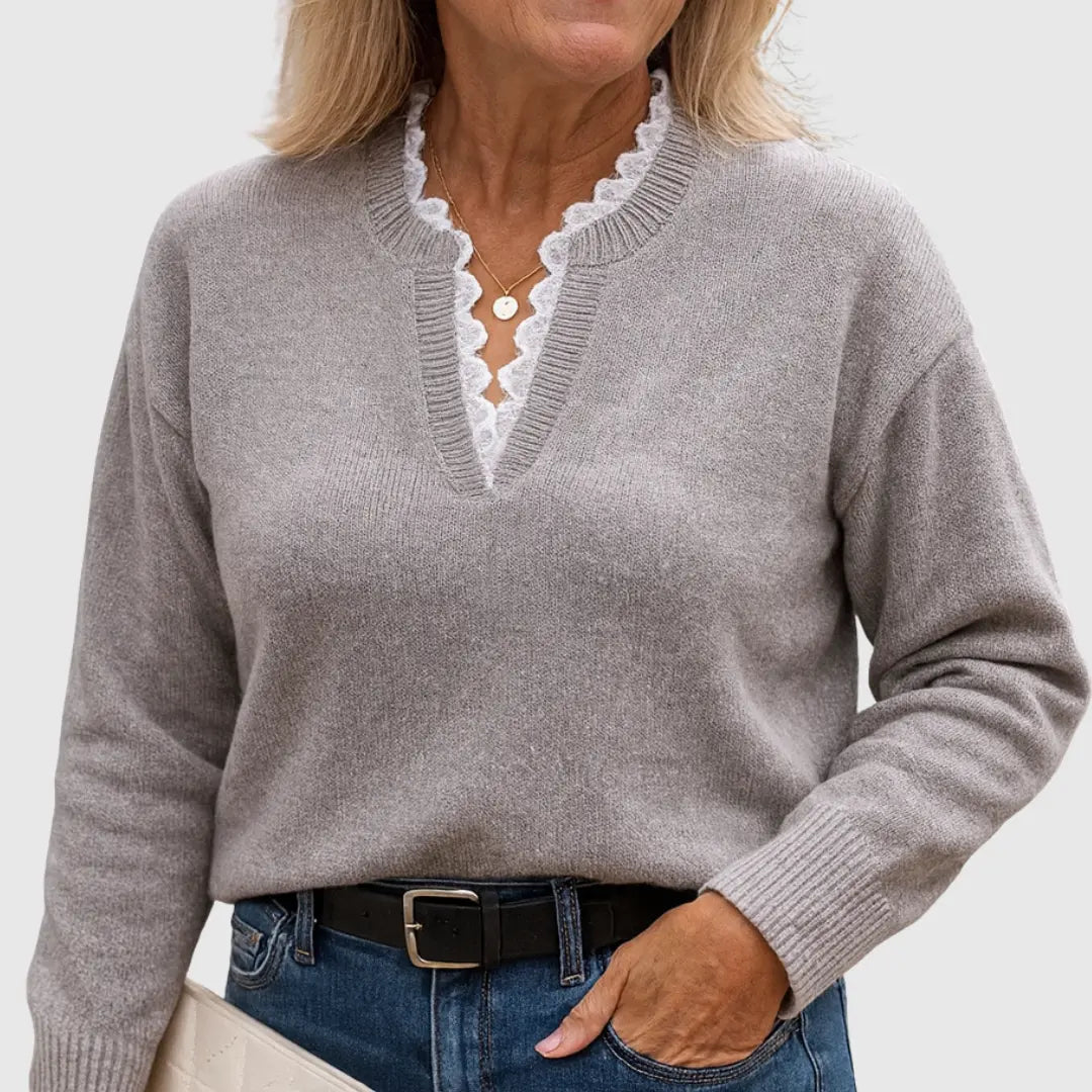 Suéter Cómodo con Encaje para Mujeres con Cuello en V y Mangas Largas Estilo Oversized