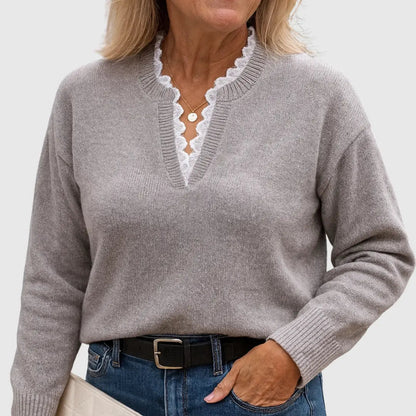 Suéter Cómodo con Encaje para Mujeres con Cuello en V y Mangas Largas Estilo Oversized