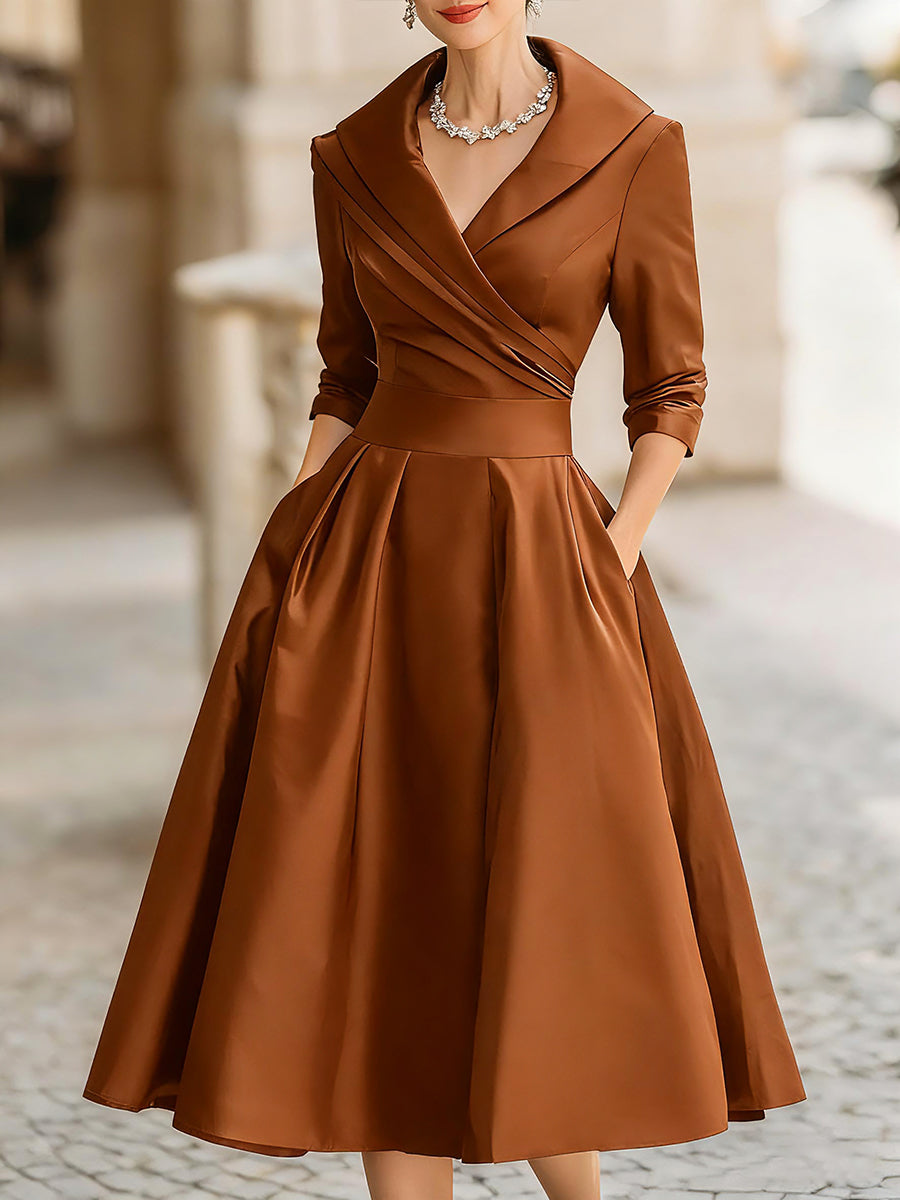 Elegante Vestido Midi de Satén para Mujeres con Cuello Chal, Manga de Codo y Falda Plisada en Estilo Coctel