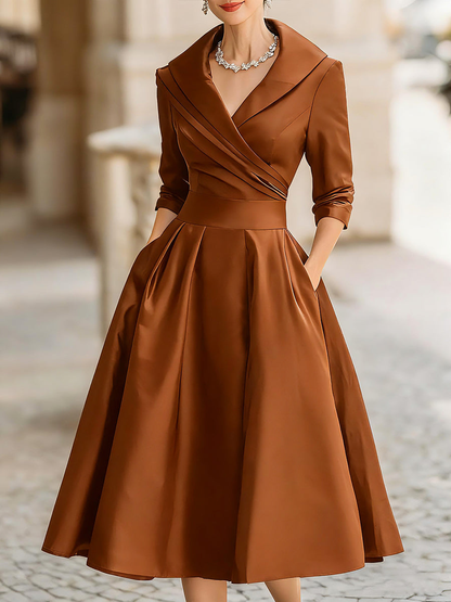 Elegante Vestido Midi de Satén para Mujeres con Cuello Chal, Manga de Codo y Falda Plisada en Estilo Coctel