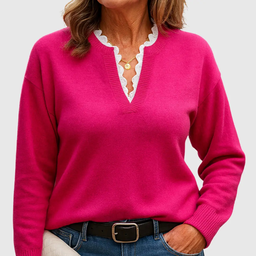 Suéter Cómodo con Encaje para Mujeres con Cuello en V y Mangas Largas Estilo Oversized