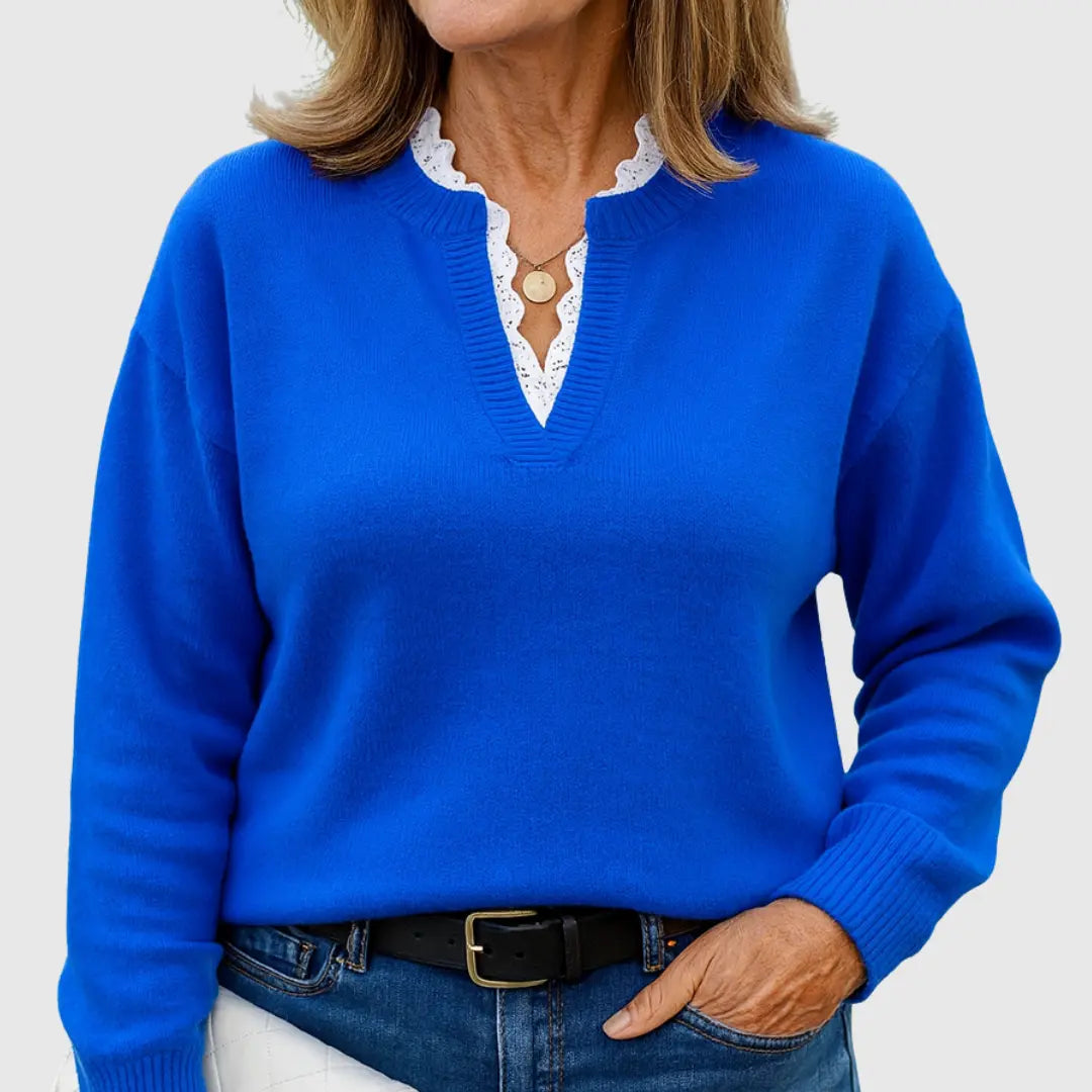 Suéter Cómodo con Encaje para Mujeres con Cuello en V y Mangas Largas Estilo Oversized