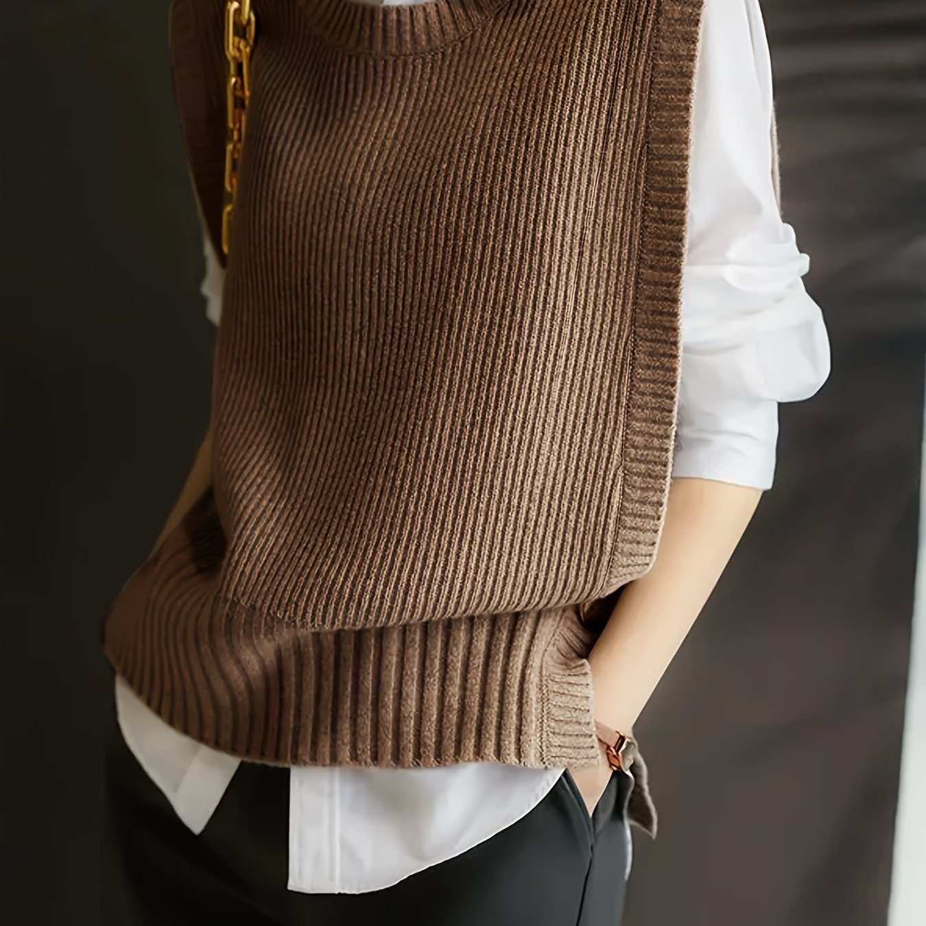Chaleco de Suéter Acanalado Cómodo para Mujeres con Cuello Redondo Sin Mangas Estilo Oversized