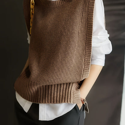 Chaleco de Suéter Acanalado Cómodo para Mujeres con Cuello Redondo Sin Mangas Estilo Oversized