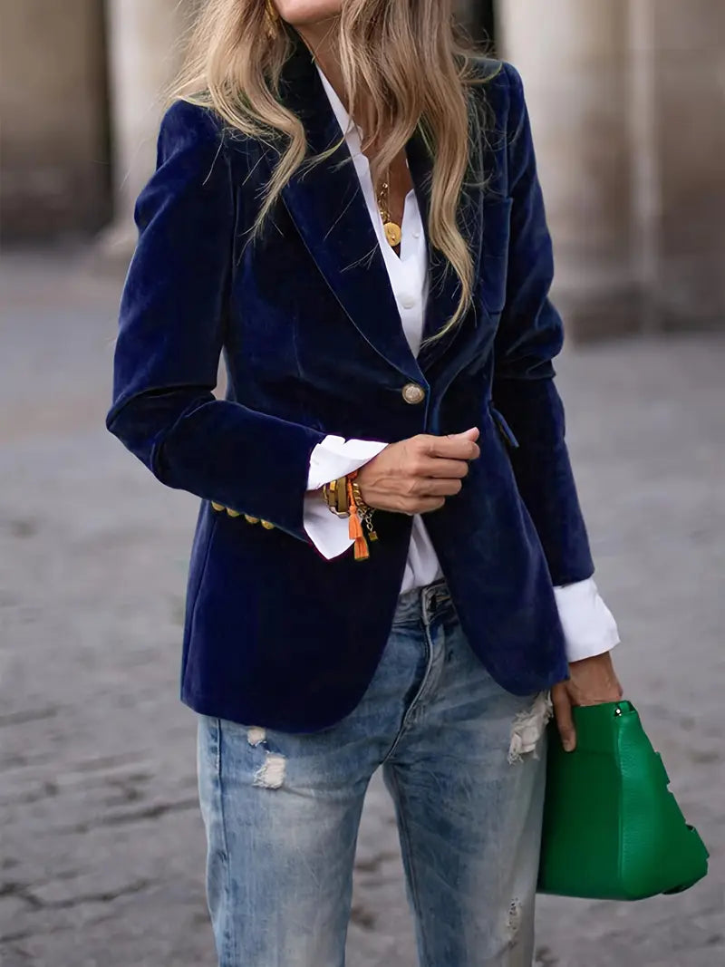 Blazer de Terciopelo Elegante para Mujeres con Solapa, Manga Larga, Botón Único y Estilo Formal