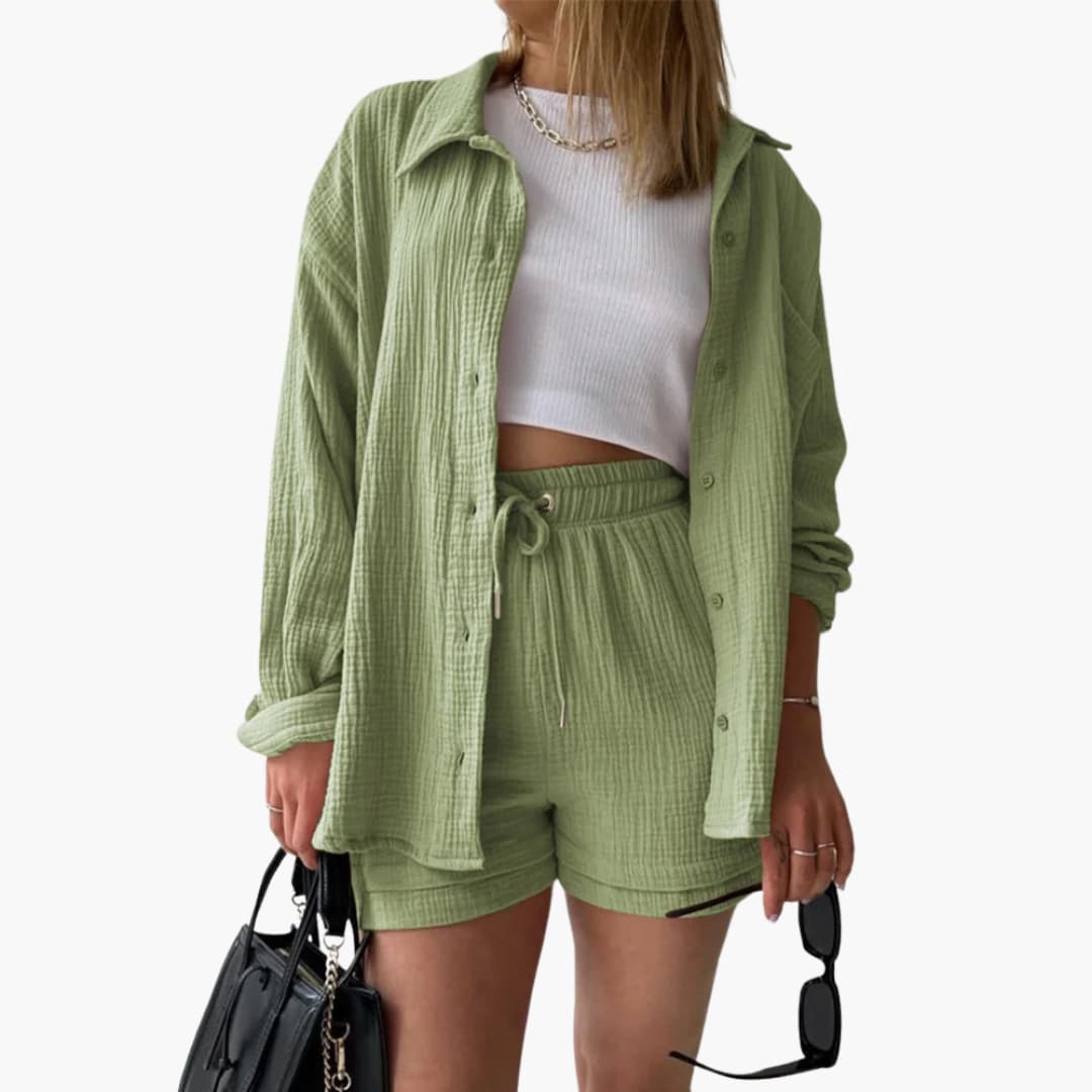 Conjunto de Dos Piezas de Algodón Arrugado Sin Esfuerzo para Mujeres con Pantalones Cortos con Cintura Ajustable y Estilo Relajado