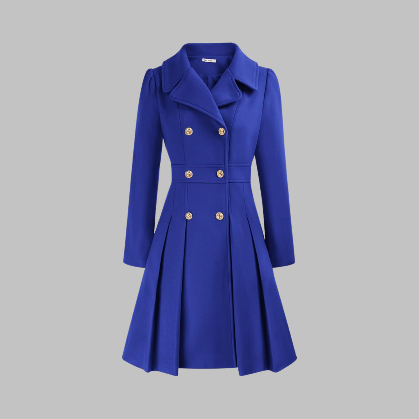 Abrigo de mezcla de lana elegante para mujeres con solapa de muesca, manga larga, doble botonadura y estilo acampanado con pliegues