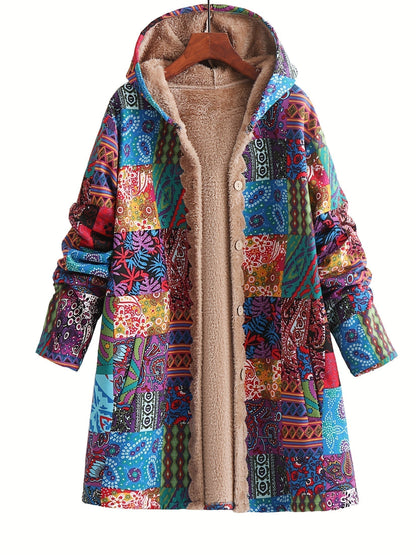 Abrigo de forro polar con estampado de patchwork sin esfuerzo para mujeres, con capucha, manga larga, frente abotonado y estilo bohemio oversized