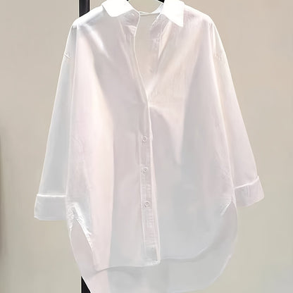 Blusa de Algodón Sin Esfuerzo para Mujeres con Cuello de Punto, Manga Larga, Estilo Oversized y Bajo Irregular