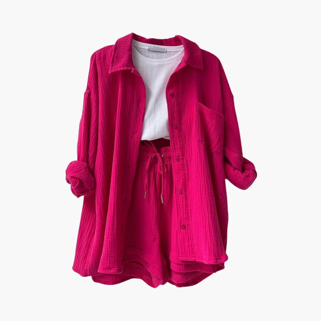 Conjunto de Dos Piezas de Algodón Arrugado Sin Esfuerzo para Mujeres con Pantalones Cortos con Cintura Ajustable y Estilo Relajado