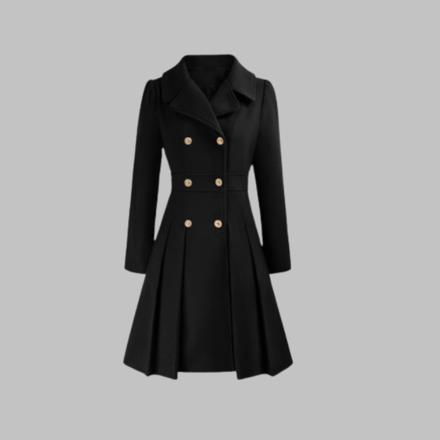 Abrigo de mezcla de lana elegante para mujeres con solapa de muesca, manga larga, doble botonadura y estilo acampanado con pliegues