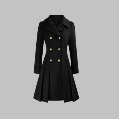 Abrigo de mezcla de lana elegante para mujeres con solapa de muesca, manga larga, doble botonadura y estilo acampanado con pliegues