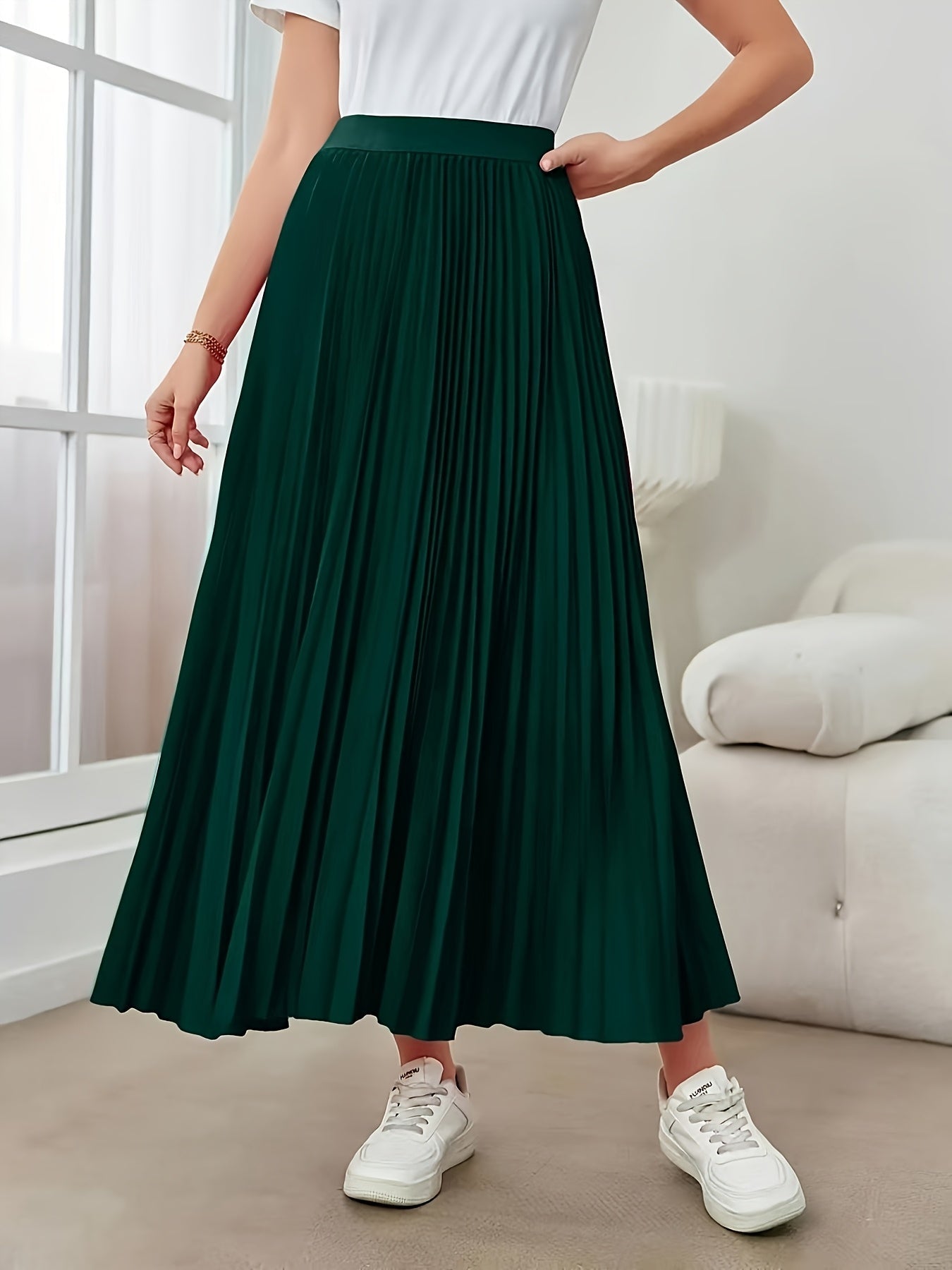 Elegante Falda Maxi Plisada Verde Oscuro para Mujeres con Cintura Alta Estilo A Linea Fluida