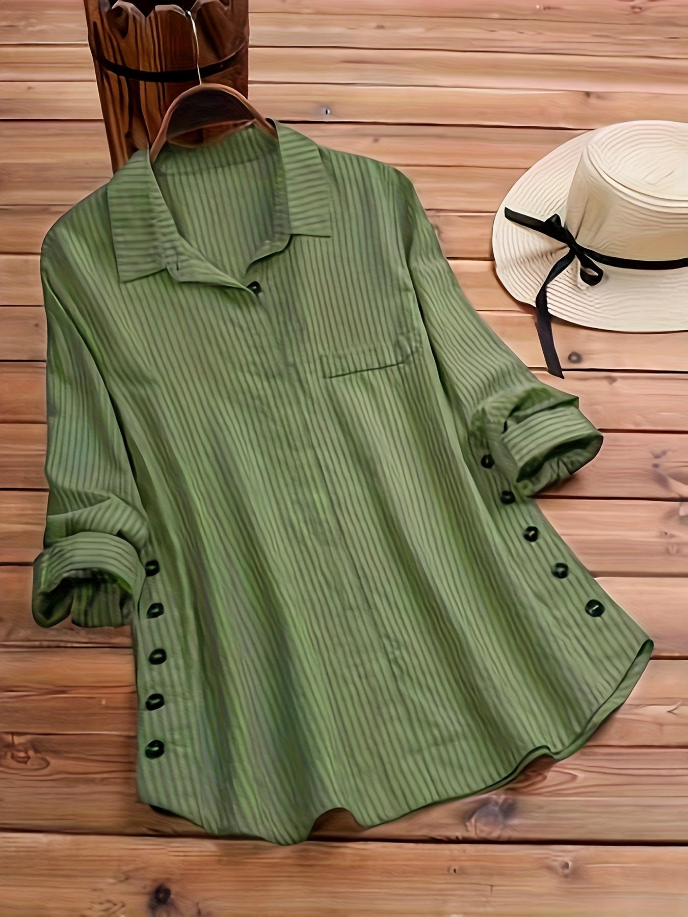 Blusa Rayada Sin Esfuerzo para Mujeres con Cuello, Manga Larga, Botones Lateral, Estilo Relajado