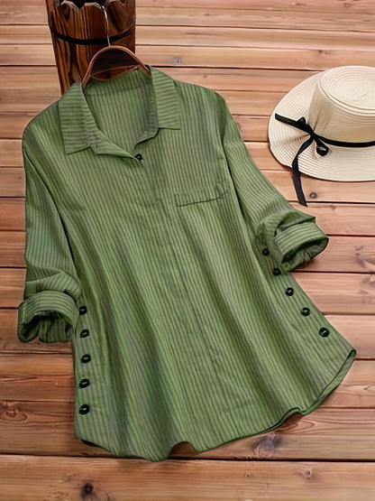 Blusa Rayada Sin Esfuerzo para Mujeres con Cuello, Manga Larga, Botones Lateral, Estilo Relajado