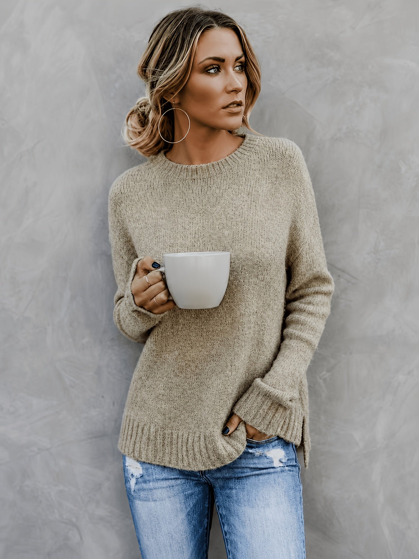 Suéter de Punto Melange Cómodo para Mujeres con Cuello Redondo, Mangas Largas y Puños de Campana, Estilo Oversized y Relajado