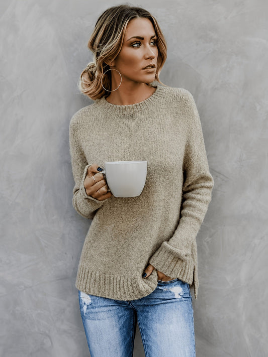 Suéter de Punto Melange Cómodo para Mujeres con Cuello Redondo, Mangas Largas y Puños de Campana, Estilo Oversized y Relajado