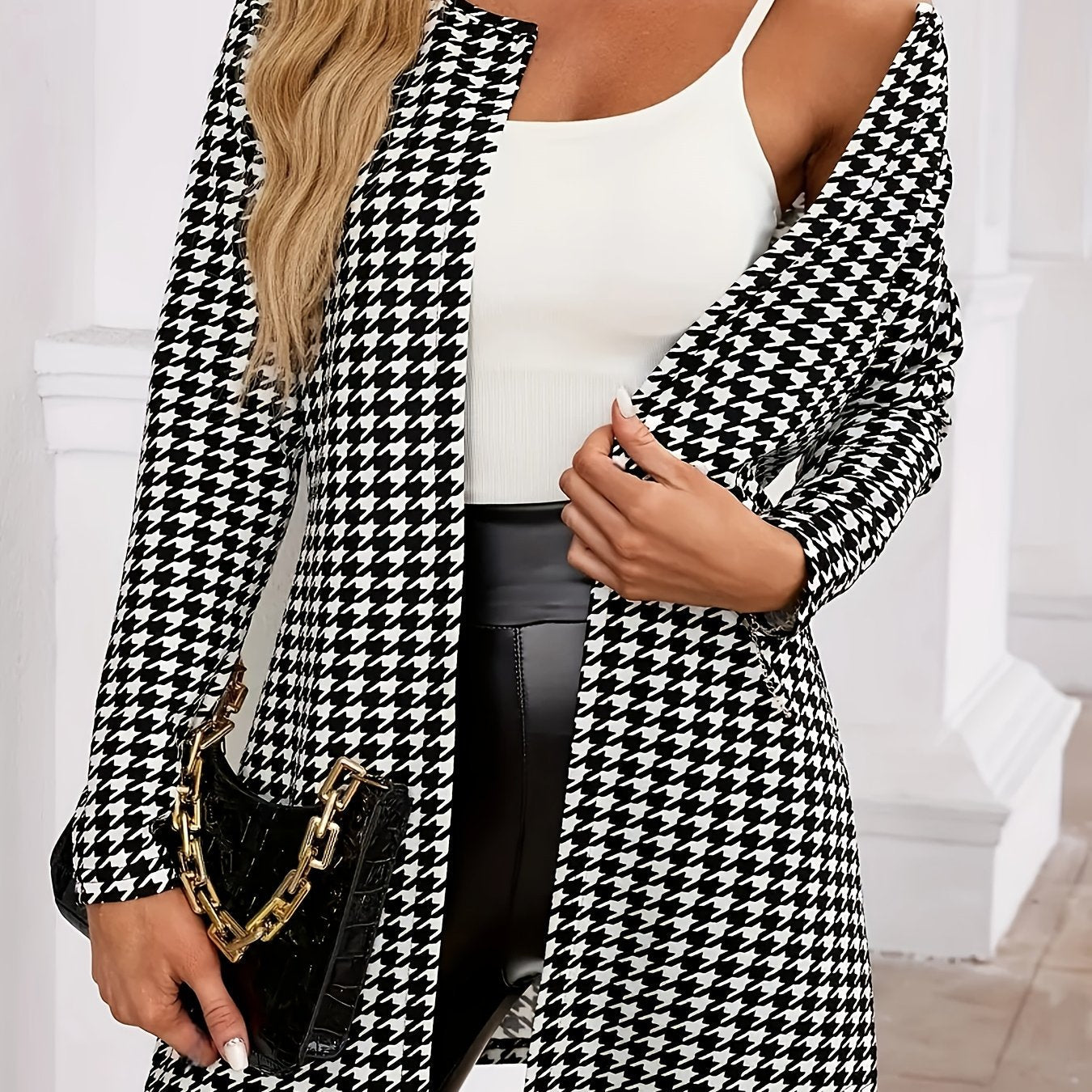 Cárdigan Elegante de Houndstooth para Mujeres con Frente Abierto y Mangas Largas Estilo Longline