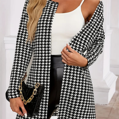 Cárdigan Elegante de Houndstooth para Mujeres con Frente Abierto y Mangas Largas Estilo Longline