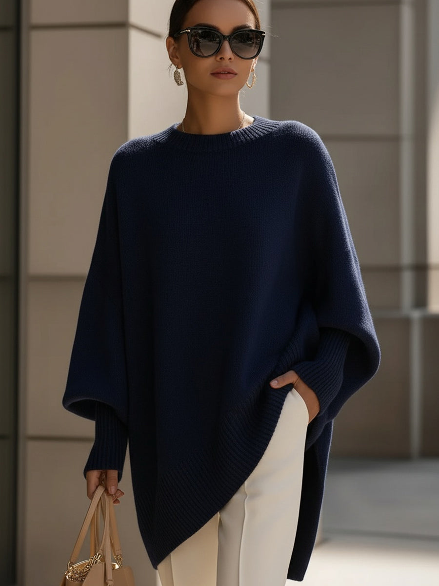 Suéter Poncho de Punto Cómodo para Mujeres con Cuello Redondo y Mangas Murciélago Oversized de Estilo Asimétrico