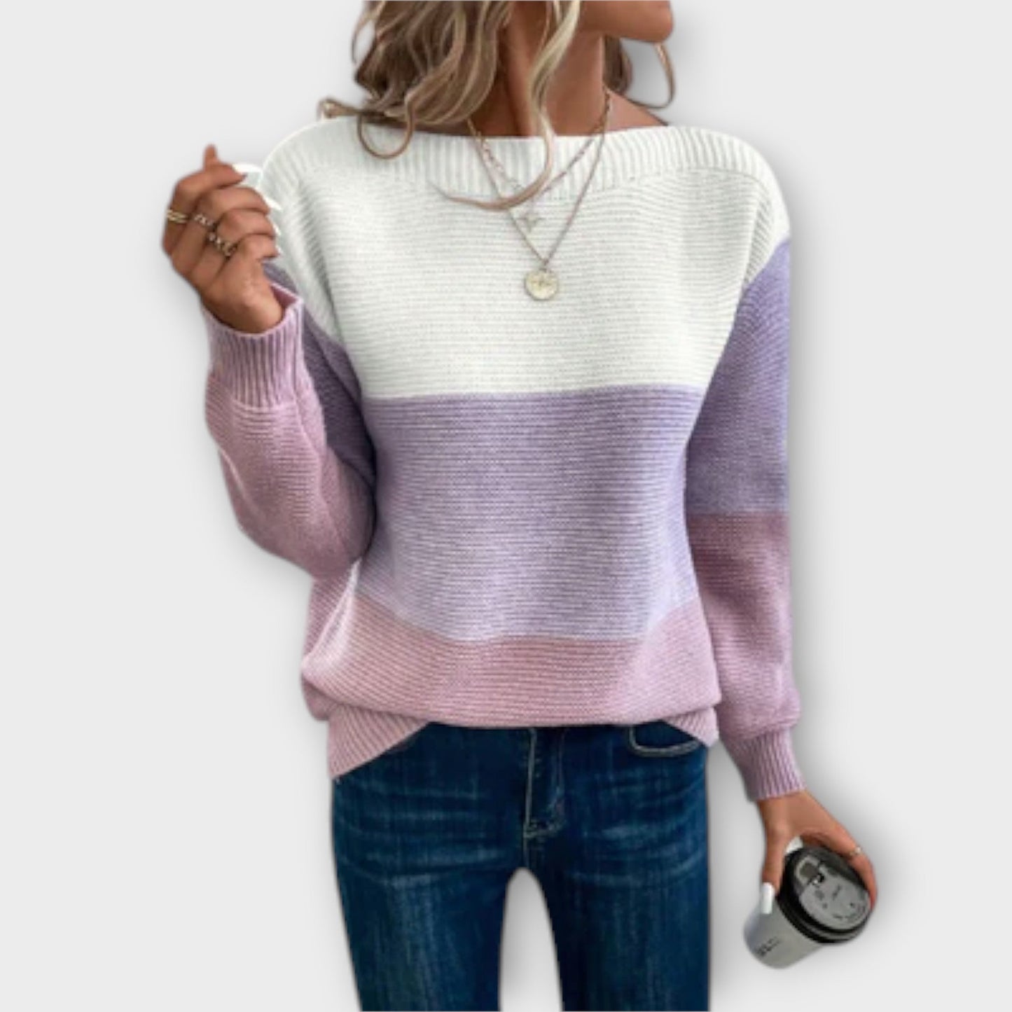 Suéter de Punto Colorblock Cómodo para Mujeres con Cuello Redondo, Manga Larga y Estilo Relajado Oversized