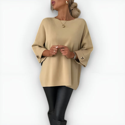 Suéter de Punto Cómodo para Mujeres con Cuello Redondo, Manga de Codo, Puño con Botón, Estilo Oversized