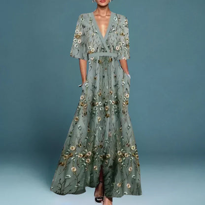 Elegante Vestido Maxi Bordado Floral para Mujeres con Escote en V, Mangas de Campana, Estilo Envolvente y Alta Abertura