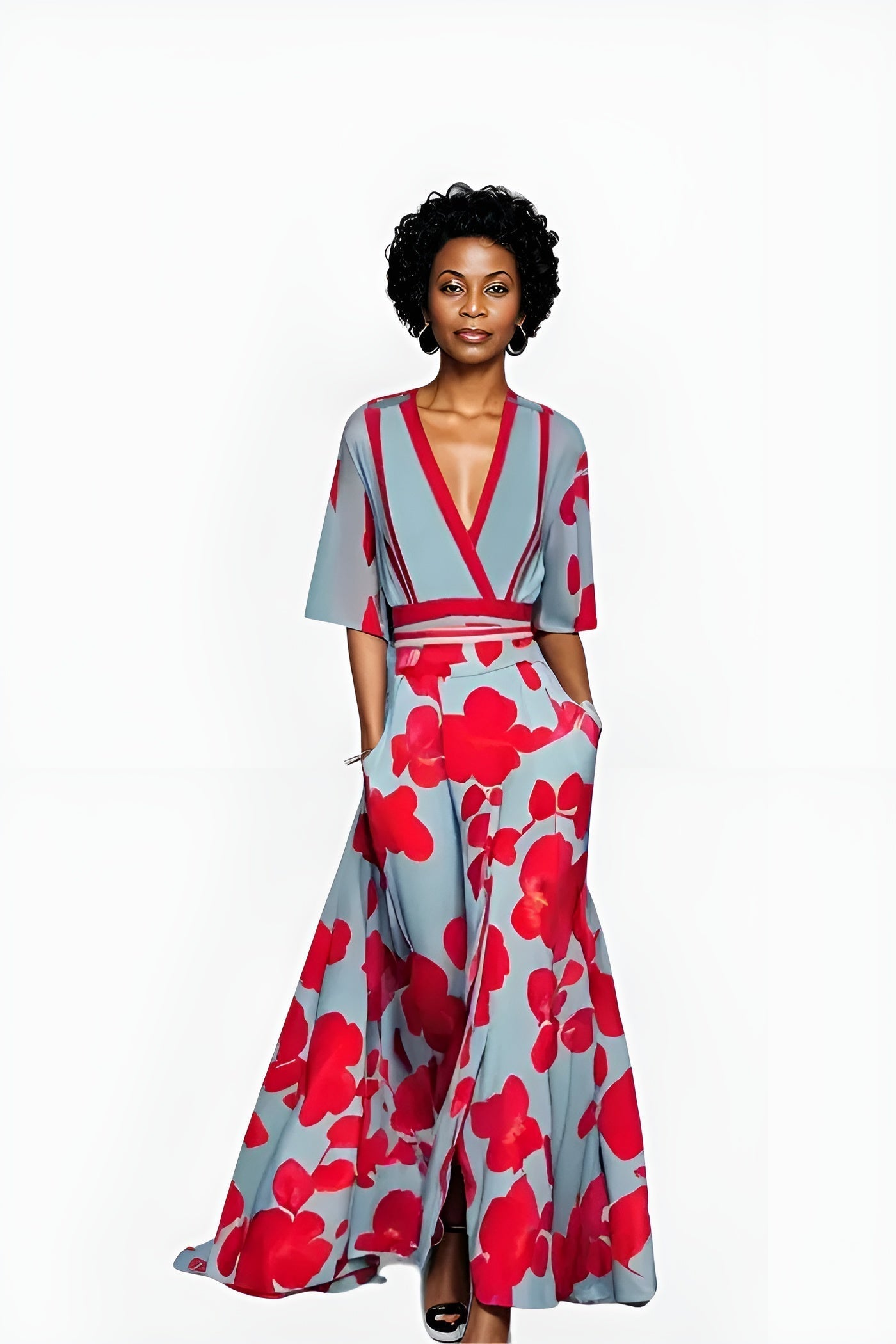 Jumpsuit Floral Azul Elegante para Mujeres con Cuello en V Cruzado, Mangas de Codo y Piernas Anchas con Cinturón