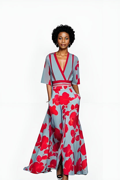 Jumpsuit Floral Azul Elegante para Mujeres con Cuello en V Cruzado, Mangas de Codo y Piernas Anchas con Cinturón