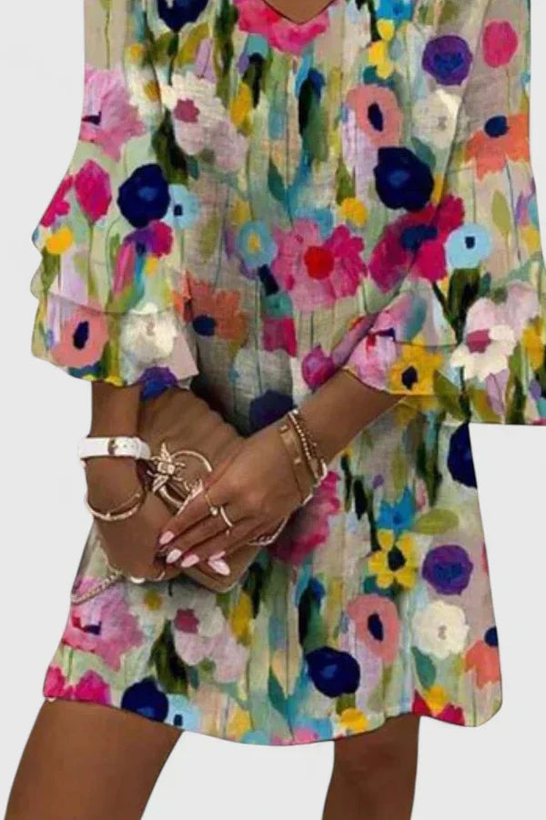 Vestido Mini Floral Multicolor sin Esfuerzo para Mujeres con Escote en V, Mangas de Volantes y Estilo Bohemio