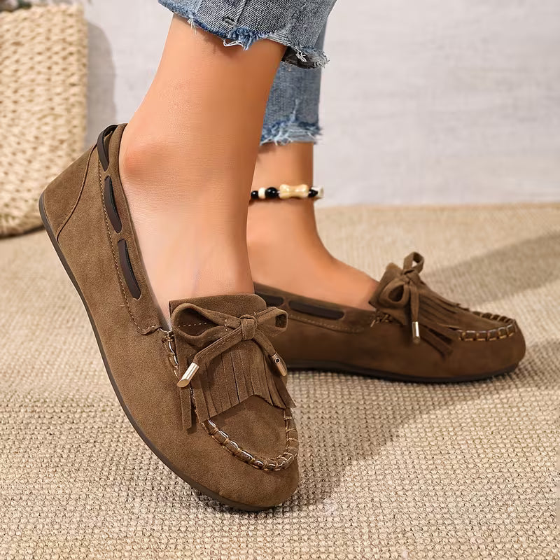 Zapatos de Casa Cómodos para Mujeres con Moño de Flecos Estilo Mocasín Sin Cordones