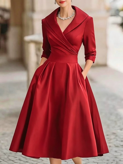 Elegante Vestido Midi de Satén para Mujeres con Cuello Chal, Manga de Codo y Falda Plisada en Estilo Coctel