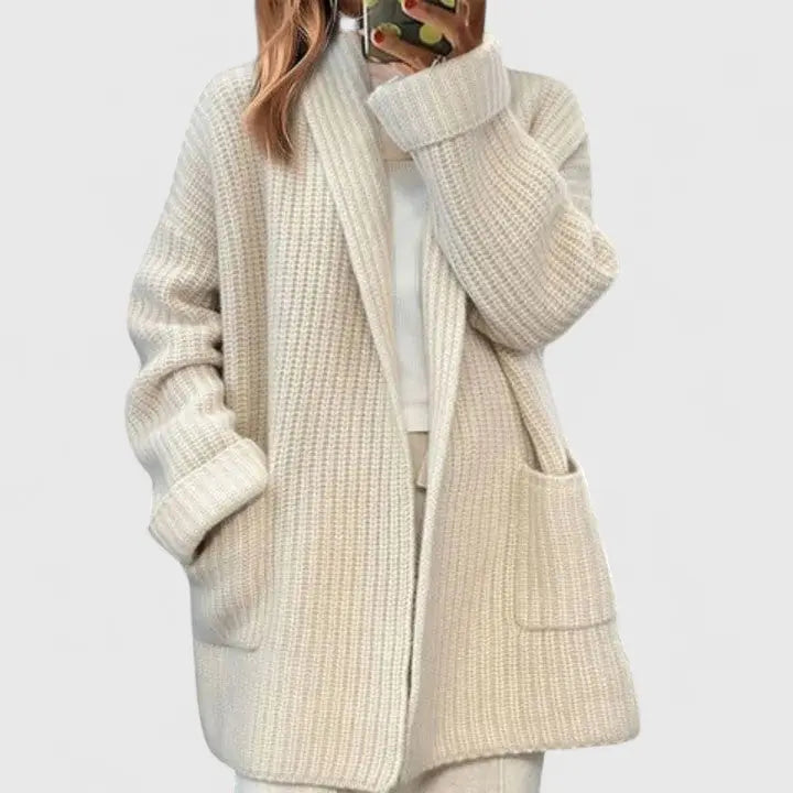 Suéter Cardigan Chunky Cómodo para Mujeres con Cuello Chal, Manga Larga, Bolsillo de Parche y Estilo Oversized