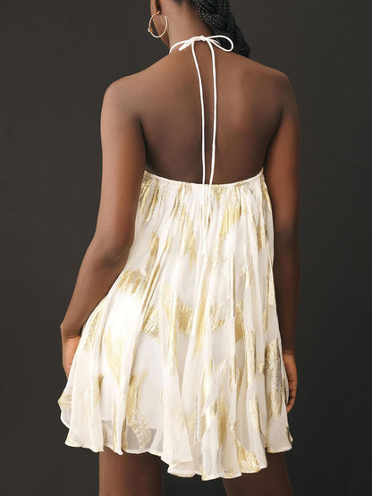 Vestido Mini Elegante de Impresión Metálica Blanca para Mujeres con Cuello Halter Sin Mangas y Estilo Fluyente