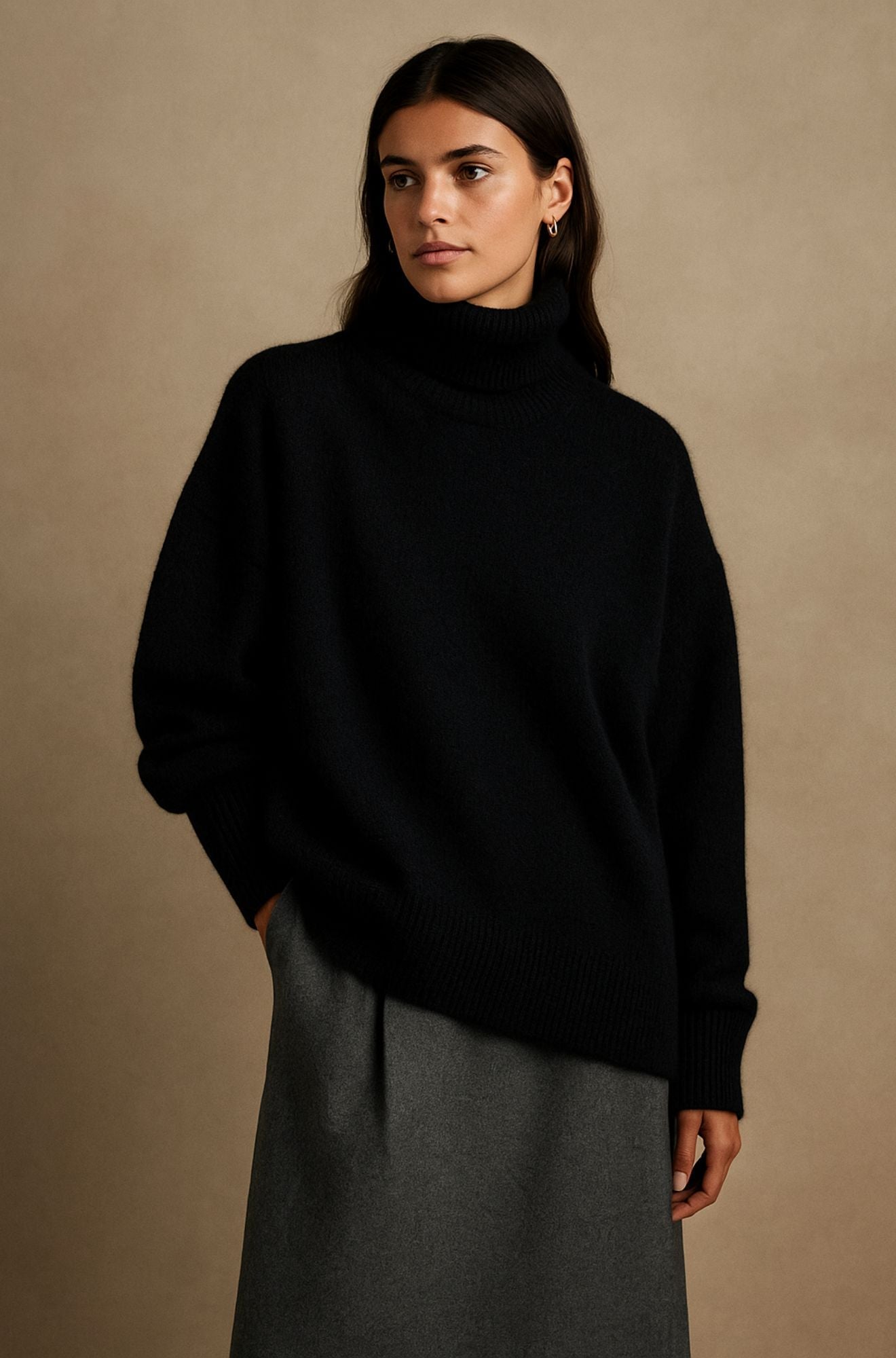 Suéter de Punto Acanalado Cómodo para Mujeres con Cuello Alto y Manga Larga, Estilo Relajado y Oversized