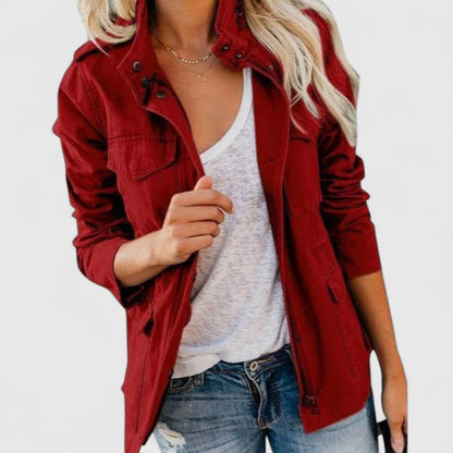 Chaqueta de Utilidad de Algodón sin Esfuerzo para Mujeres con Cuello a Presión, Manga Larga, Bolsillo Cargo, Estilo Casual