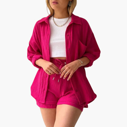 Conjunto de Dos Piezas de Algodón Arrugado Sin Esfuerzo para Mujeres con Pantalones Cortos con Cintura Ajustable y Estilo Relajado