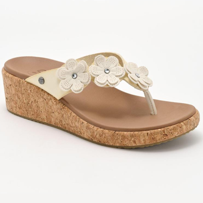 Sandalias de cuña cómodas para mujeres con aplique floral en la tira del dedo y plataforma de corcho