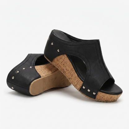 Sandalias Wedge Cómodas para Mujeres con T Strap de Tachuelas y Plataforma de Corcho con Punta Abierta