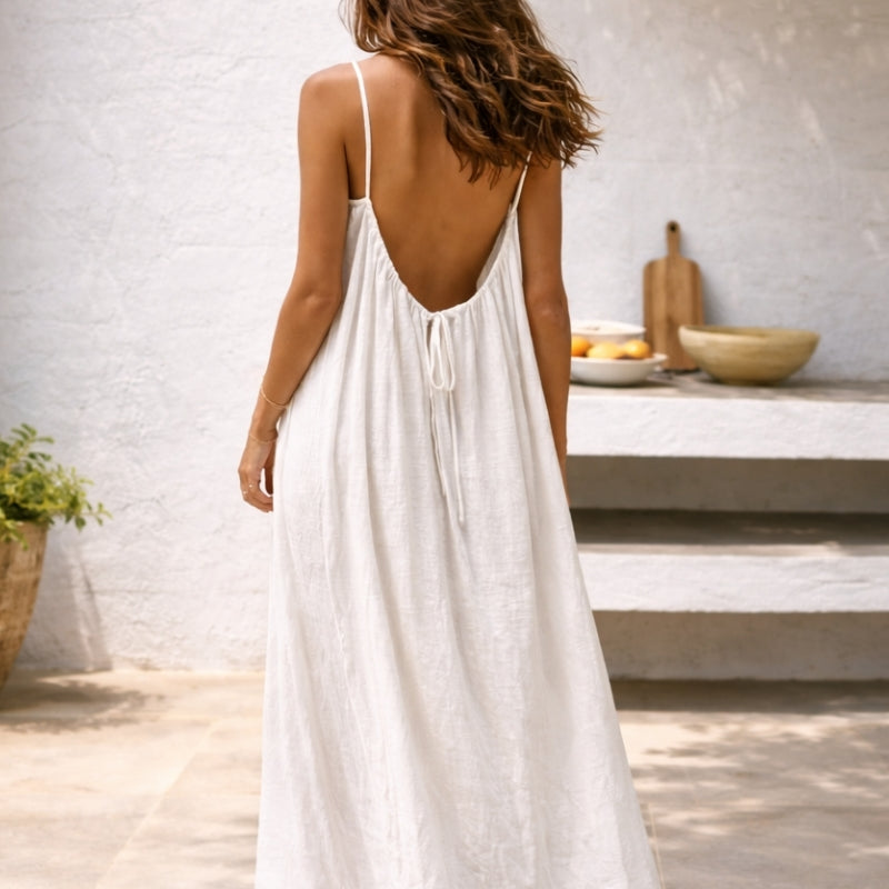 Vestido Maxi de Lino Sin Esfuerzo para Mujeres con Escote Redondo y Tirantes de Espagueti en Estilo Bohemio