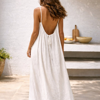 Vestido Maxi de Lino Sin Esfuerzo para Mujeres con Escote Redondo y Tirantes de Espagueti en Estilo Bohemio