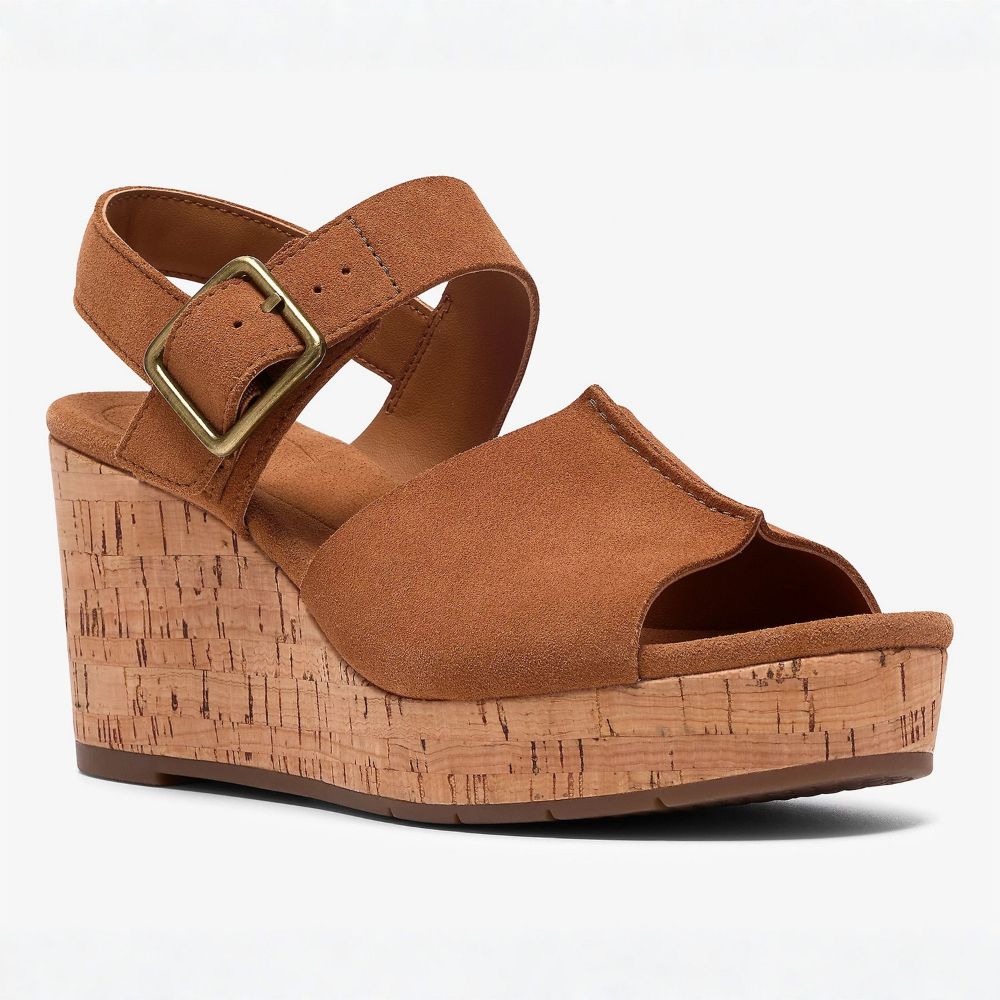 Sandalias de cuña cómodas para mujeres con tiras en el tobillo y punta abierta, estilo plataforma de corcho