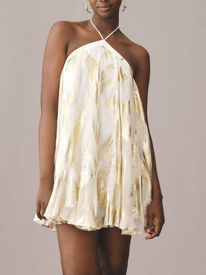 Vestido Mini Elegante de Impresión Metálica Blanca para Mujeres con Cuello Halter Sin Mangas y Estilo Fluyente